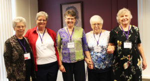 1959: From left, Sister Nancy Murphy, Mildred Stengell Mullican, Margaret (Rita) Knott Brown, Edna Hagerman Blandford and Rose M. Daniel Aquino.