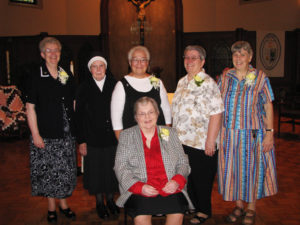 Sister Rose Jean celebrated her 50th year of religious life in 2012. Here she is joined by the rest of her novice class from 1962 as they gathered in the Motherhouse Chapel in July 2012. Seated is Sister Kathy Stein. Standing from left are Sisters Michele Morek, Francis Joseph Porter, Sara Marie Gomez, Rose Jean and Sheila Smith.