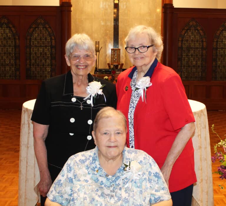 These Sisters became Ursulines in 1963, 60 years ago. Seated is Sister Kathleen Dueber, and standing, from left, are Sister Mary Celine Weidenbenner and Sister Pat Rhoten.