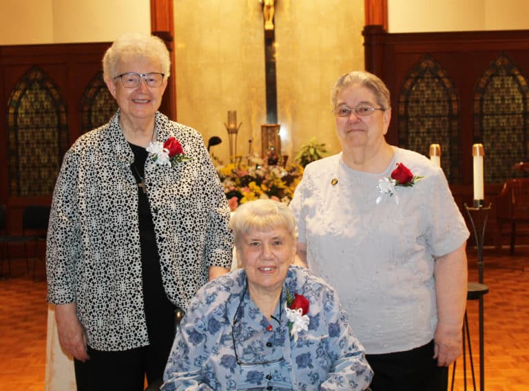 Three of the five Sisters celebrating 60 years are Sister Sheila Anne Smith, seated, and standing from left, Sister Michele Morek and Sister Rose Jean Powers. Not pictured from this class are Sister Sara Marie Gomez and Sister Katherine Stein.