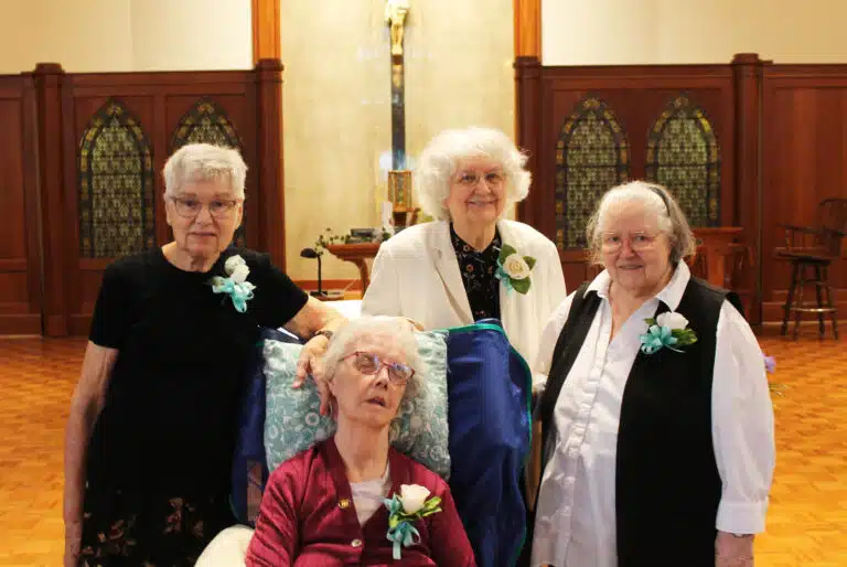 The Sisters celebrating 70 years of religious life are Sister Margaret Marie Greenwell, seated, and standing from left, Sister Jane Falke, Sister Francis Louise Johnson, and Sister Catherine Marie Lauterwasser. The Sisters celebrating 70 years of religious life are Sister Margaret Marie Greenwell, seated, and standing from left, Sister Jane Falke, Sister Francis Louise Johnson, and Sister Catherine Marie Lauterwasser.