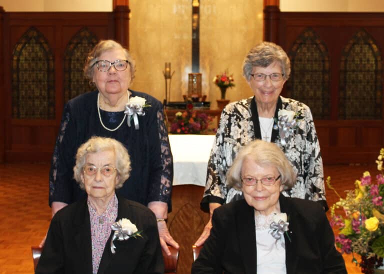 The largest group of jubilarians this year entered the community in 1953, 70 years ago. Seated are Sister Mary Gerald Payne, left, and Sister Catherine Barber. Standing are Sister Paul Marie Greenwell, left, and Sister Margaret Ann Aull.