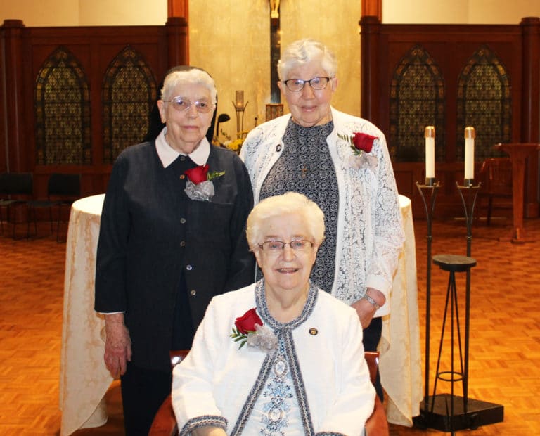 The Sisters celebrating 70 years are Sister Eva Boone, seated, and standing from left, Sister Michael Ann Monaghan and Sister Ruth Gehres.