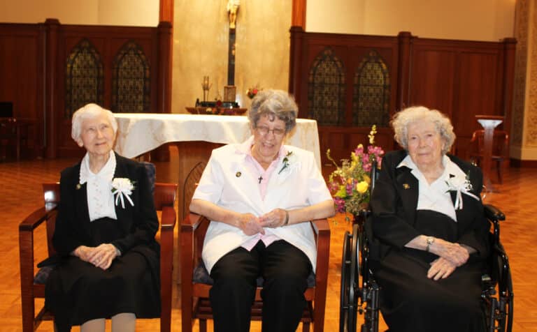 These three Sisters joined the Ursuline community in 1948, 75 years ago. From left are Sister Clarita Browning, Sister Luisa Bickett and Sister Grace Swift.