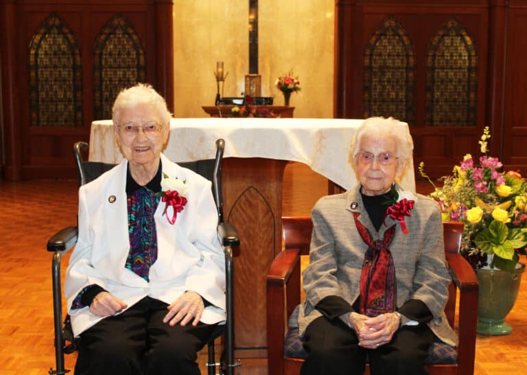 Sister Marie Bosco Wathen, left, and Sister Naomi Aull entered the novitiate in 1943, 80 years ago.