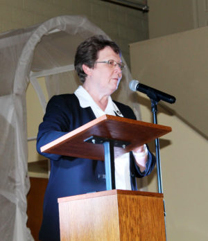 Sister Amelia Stenger, congregational leader of the Ursuline Sisters, welcomes everyone to the dinner.