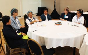 Sister Larraine Lauter, second from left, of Mount Saint Joseph, and Sister Lisa Marie Belz, second from right, of Cleveland, interpret for the Ursuline Sisters from Mexico during the breakout session “The Call to Be an Ursuline Associate.” There are 140 Ursuline Associates in Mexico and they usually join as a family, the Mexico Sisters said.