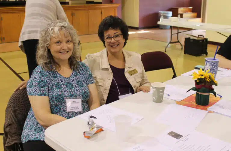 Associate Joyce York-Higginbotham, left, got to know Lisa Steiner, an Associate for the Louisville Ursulines and one of the panelists. Associate Joyce York-Higginbotham, left, got to know Lisa Steiner, an Associate for the Louisville Ursulines and one of the panelists.