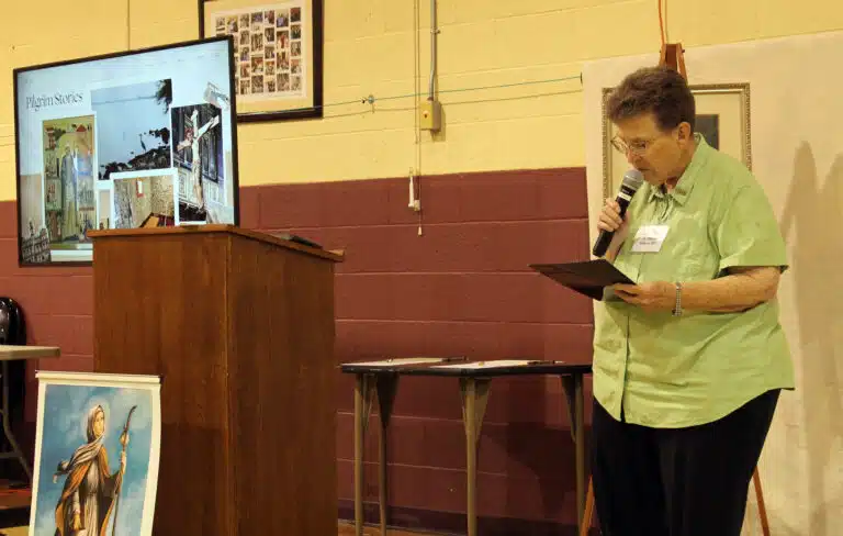 Congregational Leader Sister Sharon Sullivan says a blessing before the noon meal. Congregational Leader Sister Sharon Sullivan says a blessing before the noon meal.