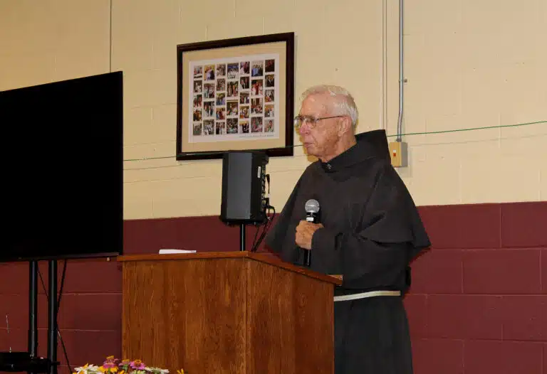 Friar Ken Bartsch, who serves as a spiritual director for his Franciscan community in Indiana, told everyone about the life of Saint Francis of Assisi. Friar Ken Bartsch, who serves as a spiritual director for his Franciscan community in Indiana, told everyone about the life of Saint Francis of Assisi.