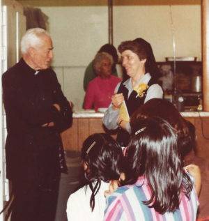 During the 25-year anniversary celebration at San Fidel, Sister Michael Ann visits with the Most Rev. Jerome Hastrich, the second bishop of the Diocese of Gallup, N.M. Bishop Hastrich died in 1995.