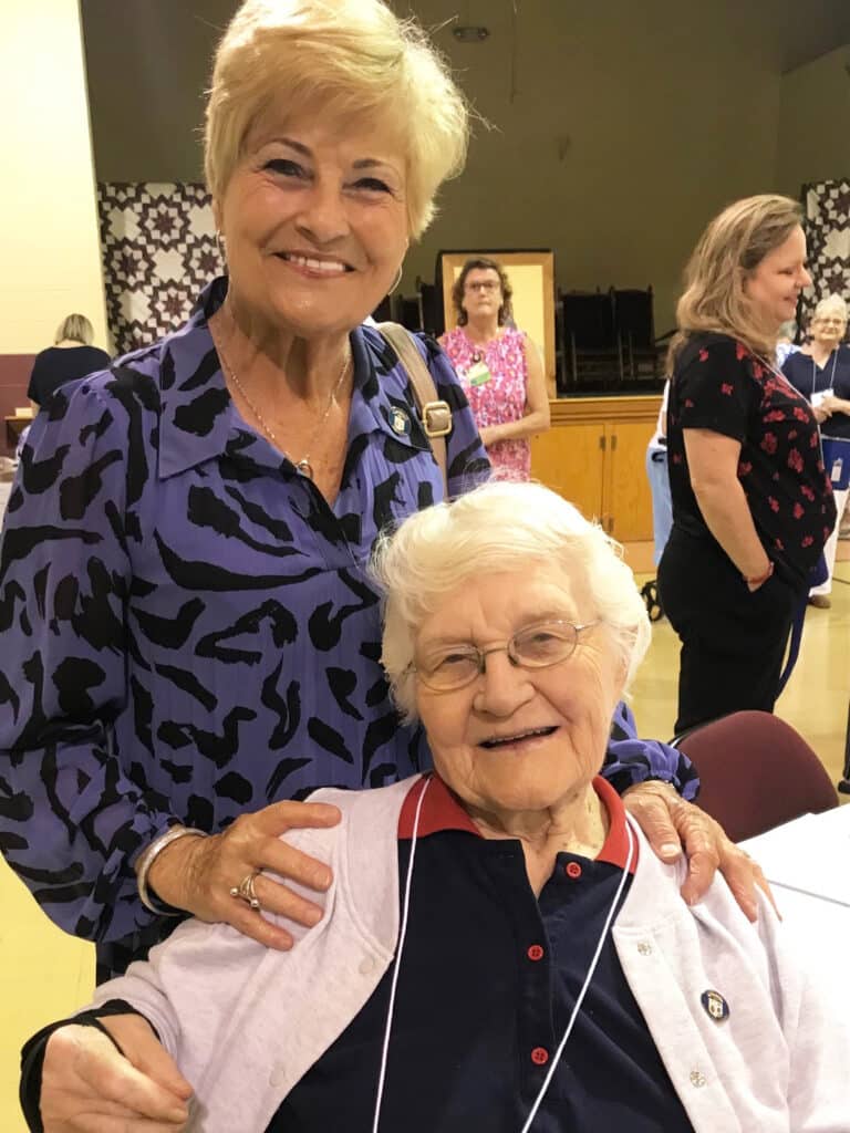 Associate Carol Hill, of Leitchfield, Ky., gathers with Sister Mary Matthias Ward. Carol helped to redecorate the Retreat Center when Sister Mary Matthias was the director.