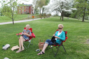 Deb Price, left, and Joyce Henry enjoy their natural surroundings as they knit.