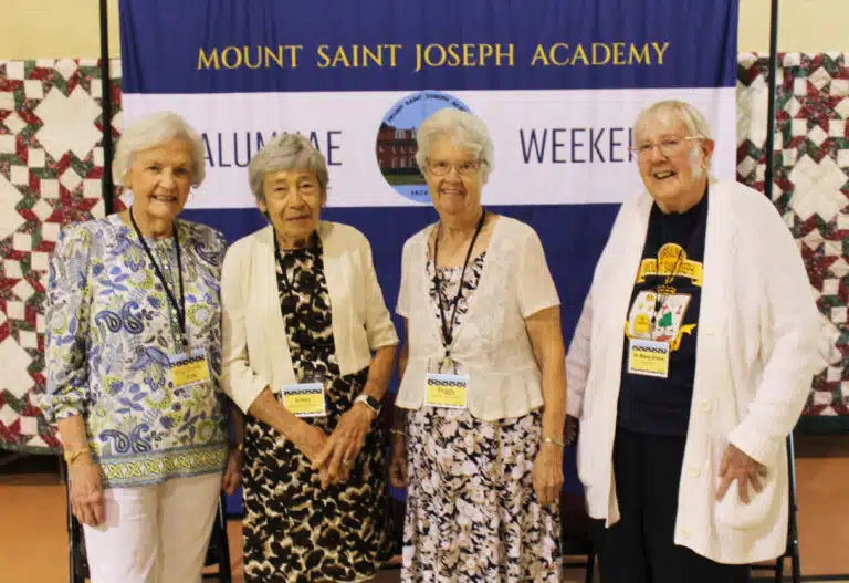 Class of 1956: From left, Patsy Thompson Clayton, Jeannie Bickett Calhoun, Peggy Murphy McCarthy, and Sister Grace Simpson. Class of 1956: From left, Patsy Thompson Clayton, Jeannie Bickett Calhoun, Peggy Murphy McCarthy, and Sister Grace Simpson.
