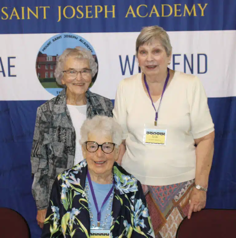 Class of 1957: Seated is Virginia Ford Green; standing from left is Sister Ann Patrice Cecil and Lila Green Gehrke. Class of 1957: Seated is Virginia Ford Green; standing from left is Sister Ann Patrice Cecil and Lila Green Gehrke.