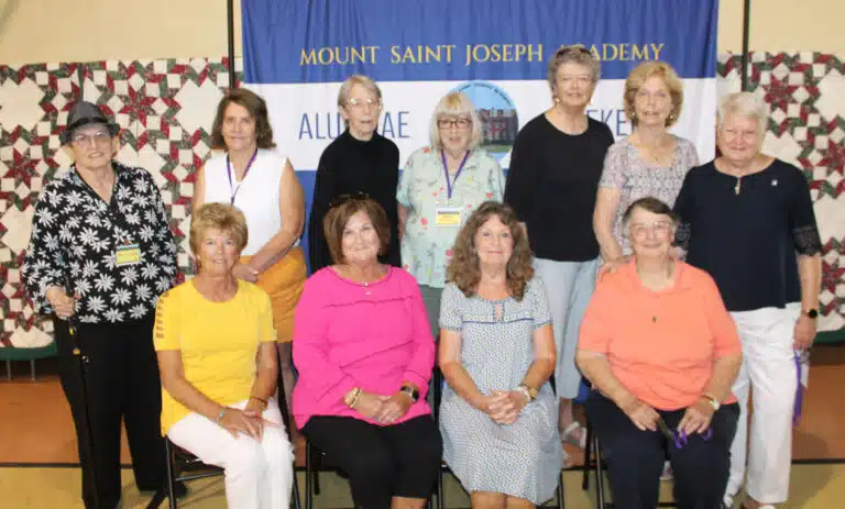 Class of 1966: Seated from left, Mary Murphy Riney, Diane McCreary Kratzwald, Mary Margaret Drury, and Anna Mattingly; standing from left are Mary Lou Byrne Payne, Delores Biddle Lundy, Sister Maureen O’Neill, Phyllis Costello Bresnik, Cecilia Robinette McEldowney, Susan Thomas Allgeier, and Sister Suzanne Sims. Class of 1966: Seated from left, Mary Murphy Riney, Diane McCreary Kratzwald, Mary Margaret Drury, and Anna Mattingly; standing from left are Mary Lou Byrne Payne, Delores Biddle Lundy, Sister Maureen O’Neill, Phyllis Costello Bresnik, Cecilia Robinette McEldowney, Susan Thomas Allgeier, and Sister Suzanne Sims.