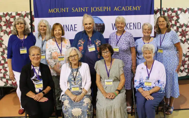 Class of 1968: Seated from left, Mona Vowels Haire, Brenda Greenwell Wallace, Pat Wedding Stelmach, and Sister Pam Mueller; standing from left are Rita Molohon Beckman, Mary Lou Mattingly O’Brien, Deborah Lord Campisano, Georgia Warren Bottles, Judy Deweese King, Sarah Olges Holden, and Carole Caummisar Sanders. Class of 1968: Seated from left, Mona Vowels Haire, Brenda Greenwell Wallace, Pat Wedding Stelmach, and Sister Pam Mueller; standing from left are Rita Molohon Beckman, Mary Lou Mattingly O’Brien, Deborah Lord Campisano, Georgia Warren Bottles, Judy Deweese King, Sarah Olges Holden, and Carole Caummisar Sanders.
