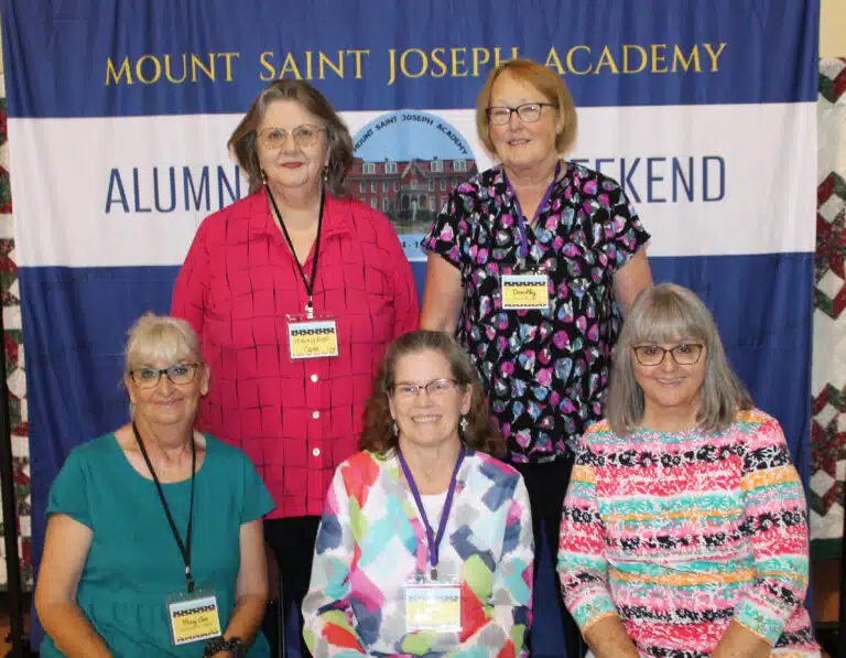 Class of 1972: Seated from left, Mary Ann Shewmaker Willett, Pat Schwartz Cook, and Patricia Mattingly Arnett; standing from left are Mary Ann Clements Carr and Dorothy Ford Riggs. Class of 1972: Seated from left, Mary Ann Shewmaker Willett, Pat Schwartz Cook, and Patricia Mattingly Arnett; standing from left are Mary Ann Clements Carr and Dorothy Ford Riggs.