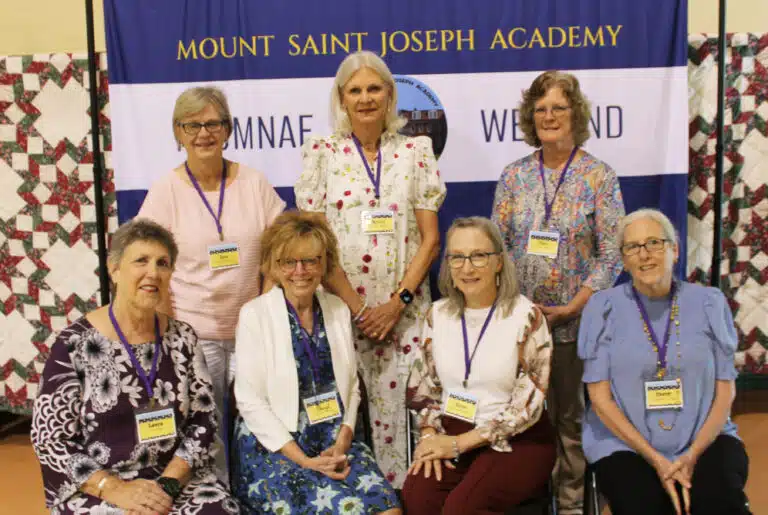 Class of 1976: Seated from left, Laura Schadler, Sheryl Sattazahn Thomas, Renee Mayhew Shoemaker, and Cheryl Calhoun Crisp; standing from left, Jane Powers Thomas, Karen Warren Gilbert, and Mary McCarty Stinnett. Class of 1976: Seated from left, Laura Schadler, Sheryl Sattazahn Thomas, Renee Mayhew Shoemaker, and Cheryl Calhoun Crisp; standing from left, Jane Powers Thomas, Karen Warren Gilbert, and Mary McCarty Stinnett.