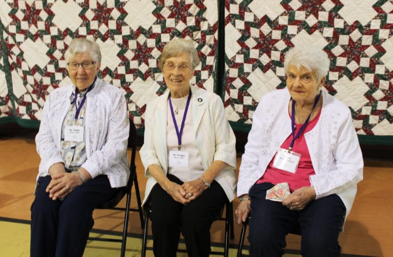 The combined classes of 1951 and 1949. From left are Sister Ruth Gehres, A51, Sister Elaine Burke, A49, and Betty Rumage Bickett, A49.