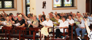 The Ursuline Sisters extend their hands to bless the outgoing Council, from Saint Angela’s Prologue to the Counsels. “We give thanks most greatly that God guided you to spend yourselves in governing and safe-guarding this treasure, and we ask God to bless and guide your future steps. Amen.”