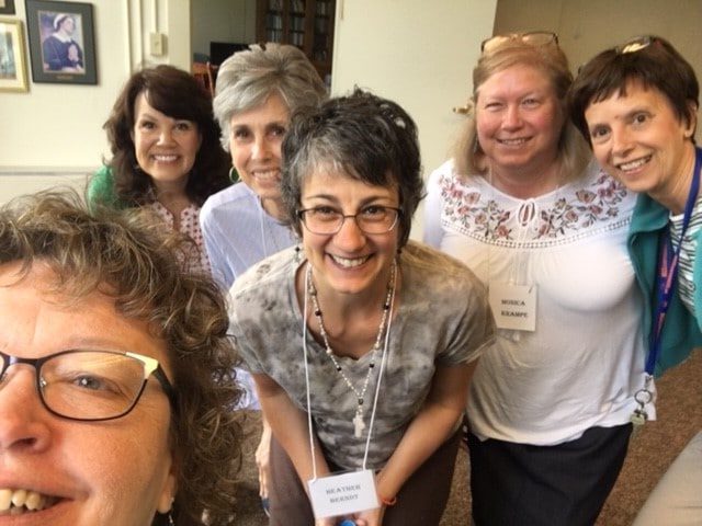The group took a selfie at the end of the Creative Arts Retreat. Left to right: Lea Vollmer (front), Stacy Green, Karen Stewart, presenter Heather Berndt, Monica Krampe, and presenter Maryann Joyce. (Not pictured: Jennifer Kaminski who could not stay for the entire retreat.)