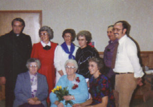 Sister Catherine is pictured with her family members in 1988, on her mother’s 88th birthday. Sister Catherine is in the front row, left, with her mother, Gertrude in the middle and her half-sister Lucille Auten to the right. In the back row, from left, are Father Gene Kreher, Betty Rapp, Dorothy Heil, Rosanna Nice, Henry Kaufman and Paul Kreher. All of them are half-siblings, except Henry Kaufman, who is her brother.