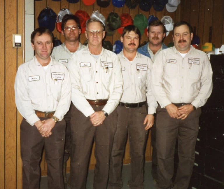 This is the farm staff in 1993. From left are Mark Blandford, Tommy McCarty, Jack Blandford, Mike Stelmach, David Dant and Bruce Blandford, then the farm manager.