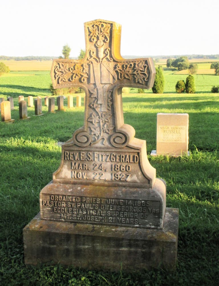 Father Edward Fitzgerald is buried in the Mount cemetery, after serving 21 years as the Ursuline Sisters’ ecclesiastical superior, appointed by Bishop George McCloskey. Father Fitzgerald wrote the first history of the community and blessed the Sisters on their way to Washington.