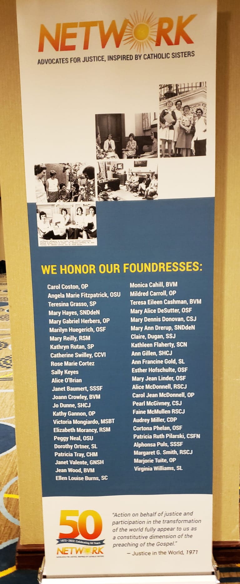 A banner listing all 47 women who were foundresses of Network in 1972. Sister Angela Fitzpatrick is second on the list.