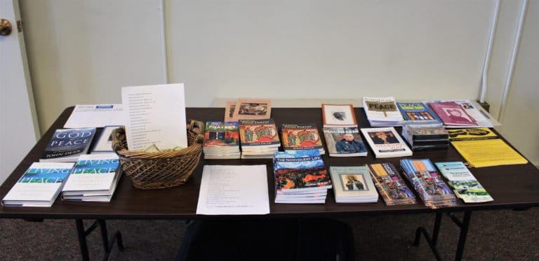 Many of the books written by Father John Dear were available for purchase at the retreat.