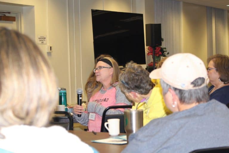 Becky Yates, a retired pastor from Nashville, explains that her group from Tennessee came to learn more about peace and nonviolence from Father John. She said that at times within the Church, she didn’t feel free to speak out on every issue.