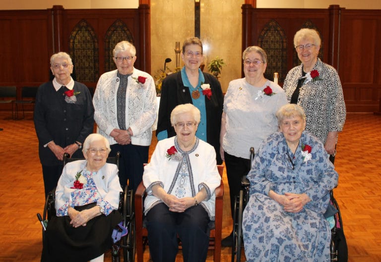 Eight of the 10 Sisters celebrating jubilees in 2022. Seated, from left, are Sister Marie Julie Fecher, 80 years; Sister Eva Boone, 70 years; and Sister Shelia Anne Smith, 60 years; standing, from left, are Sister Michael Ann Monaghan, 70 years; Sister Ruth Gehres, 70 years; Sister Sharon Sullivan, 40 years; Sister Rose Jean Powers, 60 years; and Sister Michele Morek, 60 years.