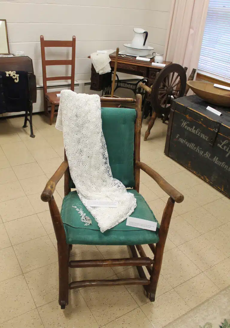 16. This homemade rocking chair used to be in the original log cabin used by the Stelmach family. It was in the Mount Saint Joseph Park. 16. This homemade rocking chair used to be in the original log cabin used by the Stelmach family. It was in the Mount Saint Joseph Park.