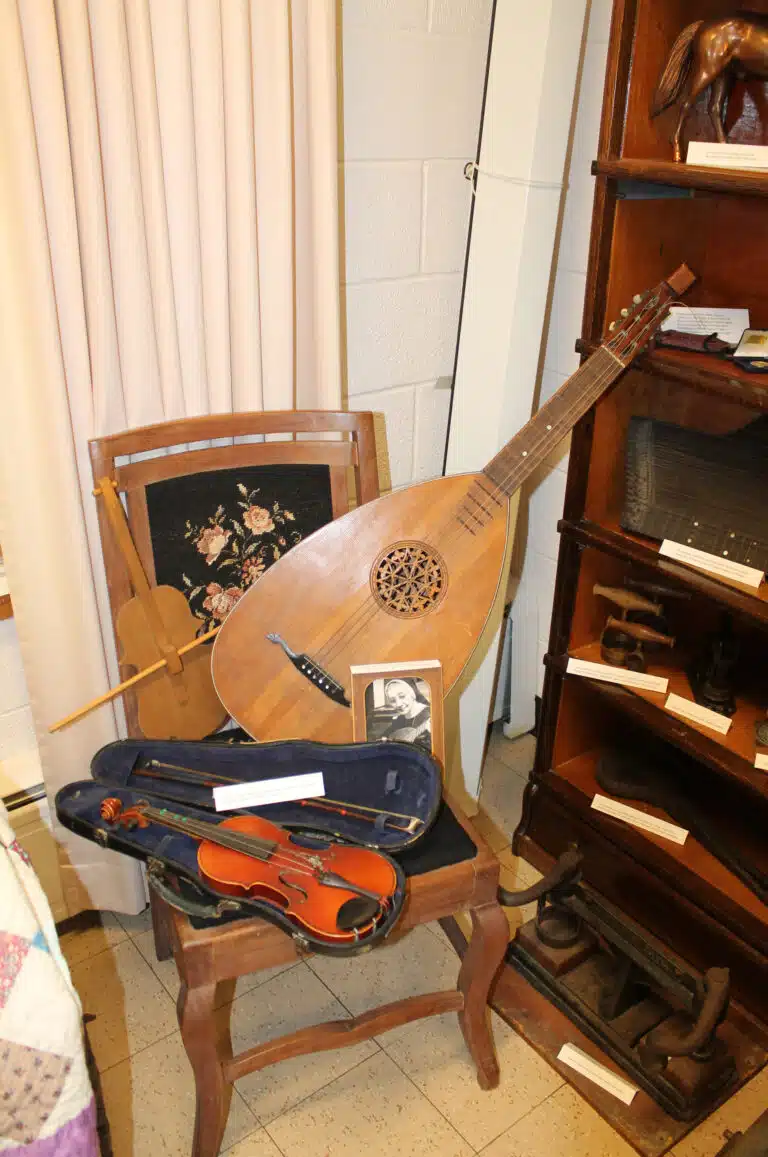 This lute belonged to music instructor Sister Marguerite Younkers, and the violin was used by Sister Mary Victor Rogers when she taught children at Brescia. This lute belonged to music instructor Sister Marguerite Younkers, and the violin was used by Sister Mary Victor Rogers when she taught children at Brescia.