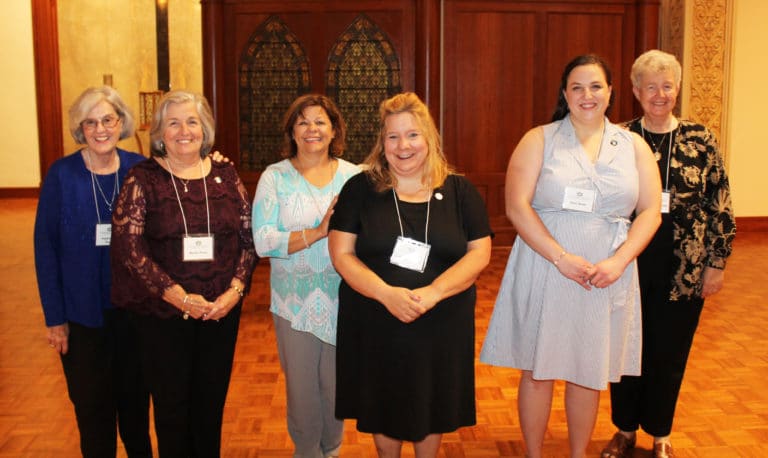 The 2019 new Ursuline Associates with their contact companions. From left, Pauline Goebel is with new Associate Marian Pusey; Debbie Lanham is with new Associate Lori Haynes; and new Associate Renee Schultz is with Sister Michele Morek.