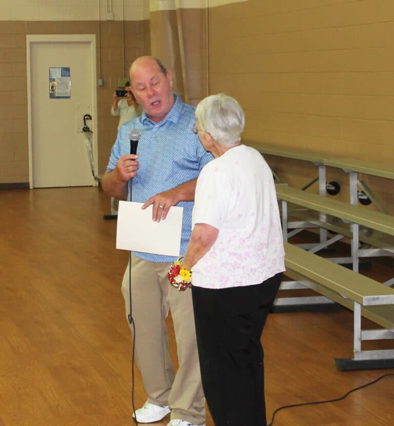 Daviess County Commissioner Larry Conder reads a proclamation declaring Sept. 27, 2023, as “Sister Mary Celine Day” in Daviess County. Conder was substituting for County Judge-Executive Charlie Castlen, who was taught by Sister Mary Celine.