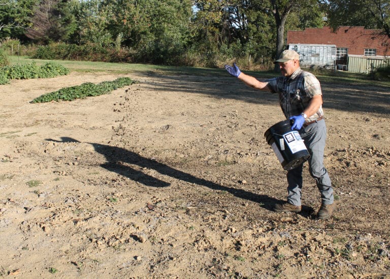 Coffee grounds fly through the air as Mike Stelmach, farm lead for the Ursuline Sisters, spreads them where he will plant tomatoes in 2024.