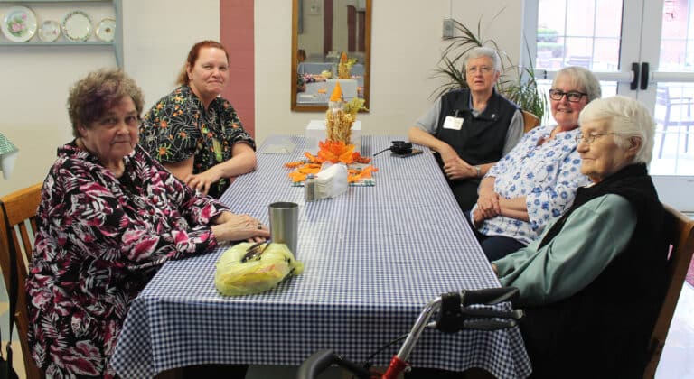 On Sept. 24, 2023, former co-workers of Elaine’s joined with two of Elaine’s most memorable Sisters to visit over lunch. From left are Cyndy Madi, Elaine, Sister Rita Scott, Kathy McCarty and Sister Mary Matthias Ward. Cyndy and Kathy worked with Elaine at the Retreat Center.