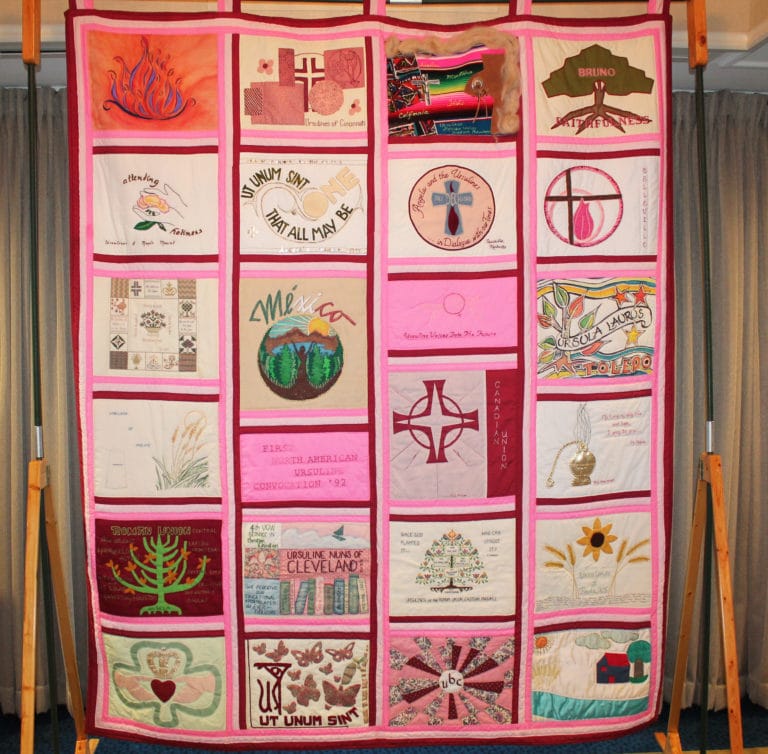 The one constant at every Ursuline Convocation is this quilt, which is made of squares representing all the Ursuline communities that attended the first Convocation in Cincinnati in 1992.