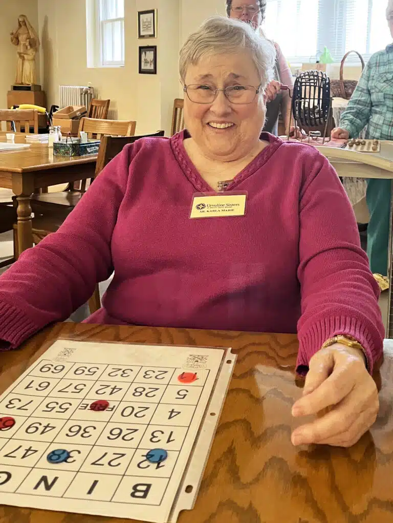 Sister Karla Kaelin shares a laugh during her bingo game. She is celebrating her 60th year as an Ursuline this year. Sister Karla Kaelin shares a laugh during her bingo game. She is celebrating her 60th year as an Ursuline this year.