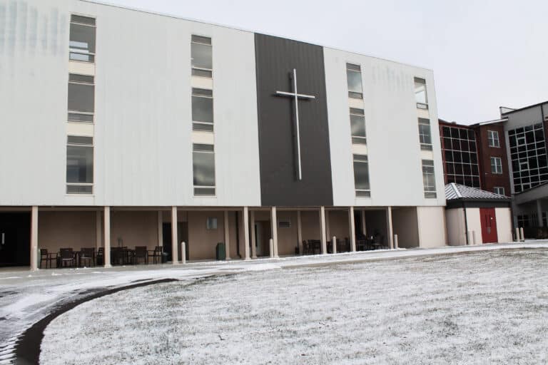 Where once Paul Volk Hall stood welcomes its first snow in more than 40 years.