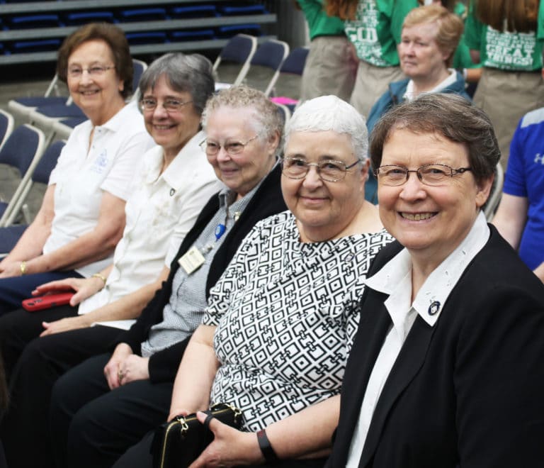 Some of the Ursuline Sisters gathered for the Rainbow Mass were, from left, Sisters Susan Mary Mudd, Jacinta Powers, Marie Joseph Coomes, Ann McGrew and Amelia Stenger.
