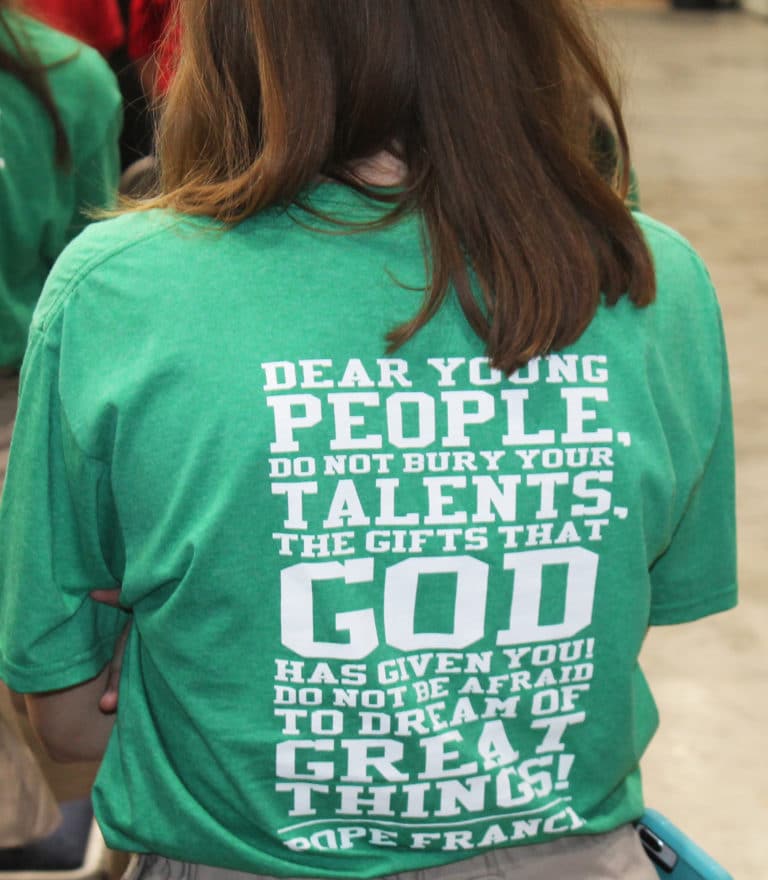 Owensboro Catholic students wore T-shirts with these encouraging words from Pope Francis.