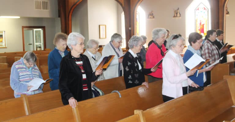 Many Ursuline Sisters were on hand to share in celebrating the jubilarians. From left are Sisters Susanne Bauer, Marie Carol Cecil, Barbara Jean Head, Alfreda Malone, Ruth Gehres, Ann Patrice Cecil, Francis Louise Johnson, Catherine Barber, Mary Henning, Sharon Sullivan and Amelia Stenger.