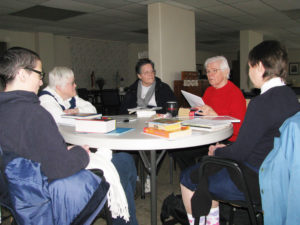 Ursuline Sister Mary Jude Cecil, second from right, leads French lessons for four members of the Sisters of the Lamb of God. From left are Miriam Kavanagh, a novice, and Sisters Debra Ann Bailey, Deborah Lynn Masterman and Marissa Wicks.