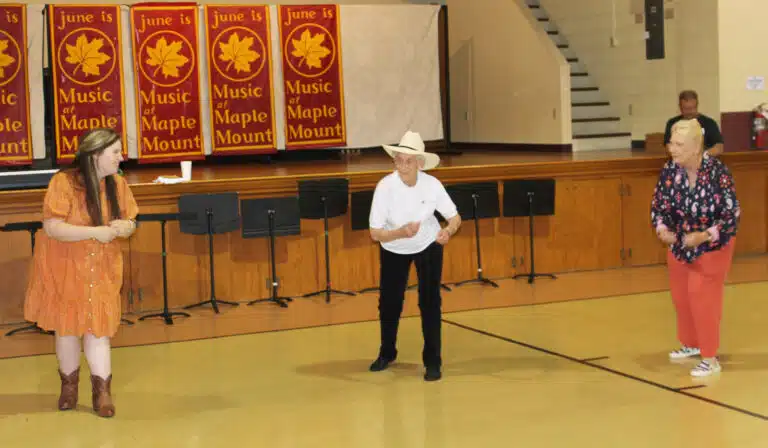 Sister Elaine Burke, center, gets some smiles from Emmy Woosley, left, and Julie White as she shows off her dance moves during “Boot Scootin’ Boogie.” Sister Elaine is 93, and has been an Ursuline for 74 years. Sister Elaine Burke, center, gets some smiles from Emmy Woosley, left, and Julie White as she shows off her dance moves during “Boot Scootin’ Boogie.” Sister Elaine is 93, and has been an Ursuline for 74 years.
