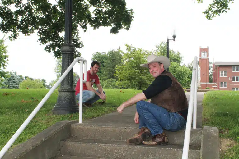 Matt Layson, left, and Bryan Heath visit near where the former Mount Saint Joseph Academy and Center building stood. The two became friends at the music camp more than 20 years ago. Matt Layson, left, and Bryan Heath visit near where the former Mount Saint Joseph Academy and Center building stood. The two became friends at the music camp more than 20 years ago.
