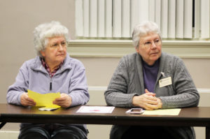 Ursuline Sisters Francis Louise Johnson, left, and Pat Lynch follow along with Sister Pam as she says theological reflection helps us to find where God is in whatever is happening in our lives.