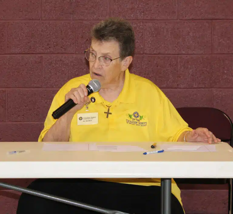 Sister Sharon Sullivan, congregational leader, leads the first panel discussion. She said it isn’t what the Ursuline Sisters are doing today that is important, but why they are doing so. Sister Sharon Sullivan, congregational leader, leads the first panel discussion. She said it isn’t what the Ursuline Sisters are doing today that is important, but why they are doing so.